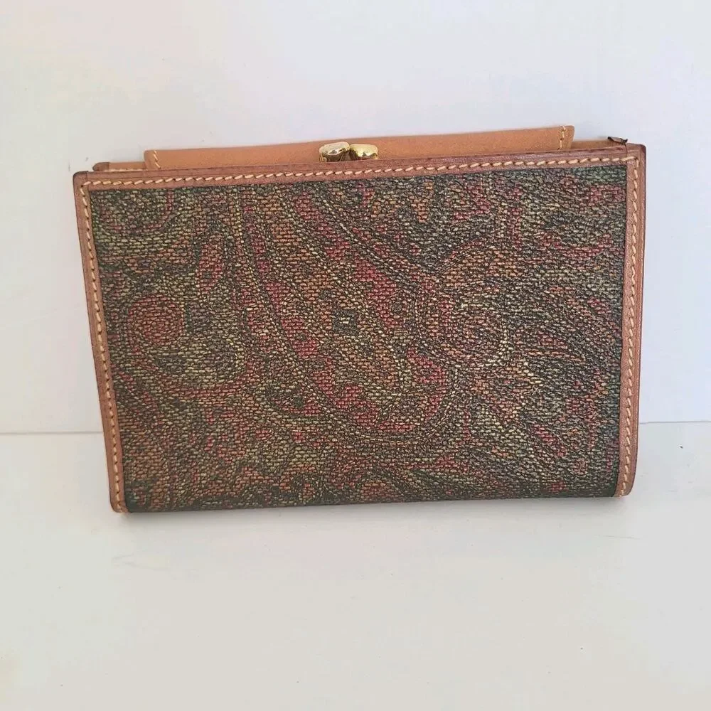 Angiolo‎ Del Gabbo Vintage Brown Paisley Medium Leather Wallet Italian Kisslock